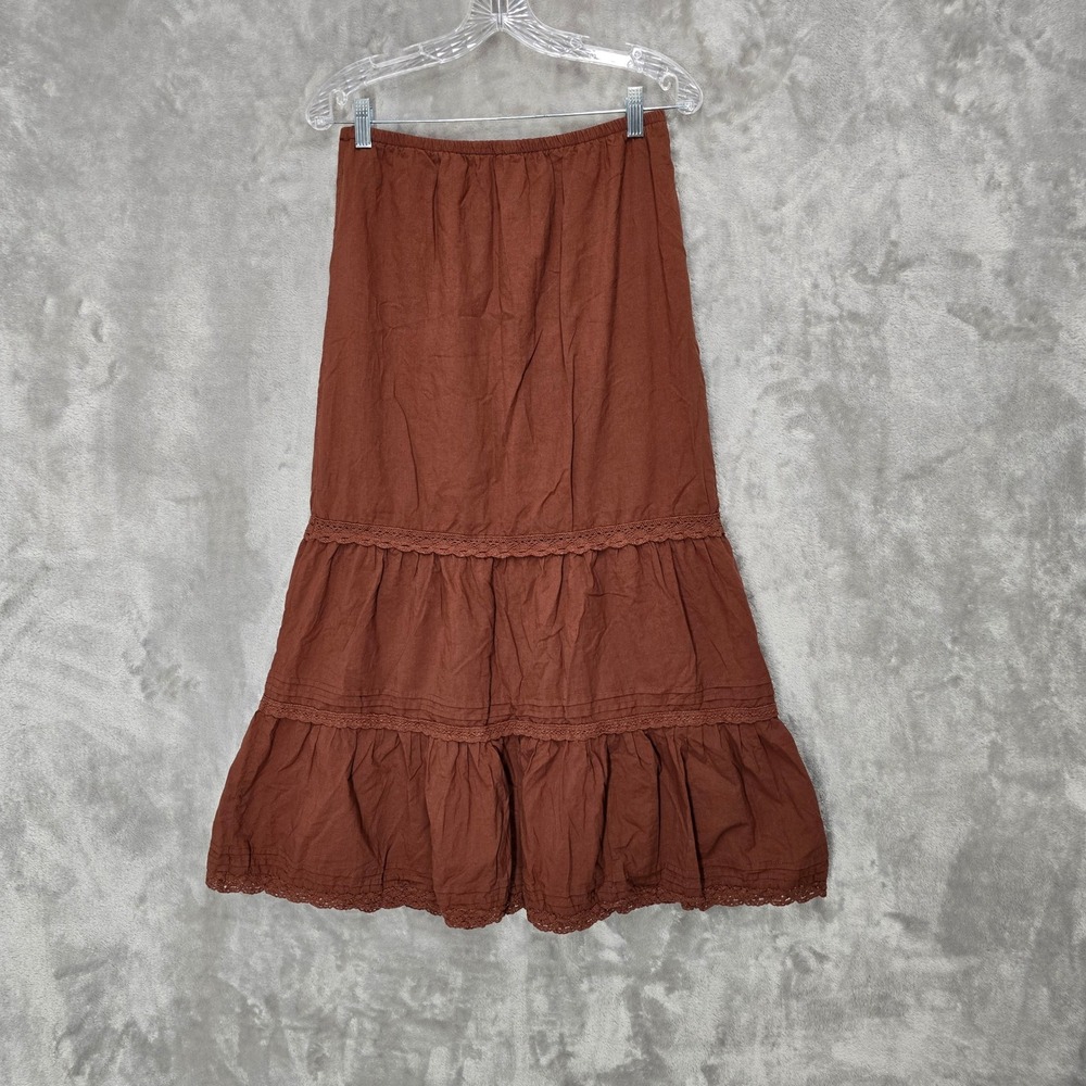 WildFable Maxi Skirt Women S Brown Tiered Crochet Lace Cotton Boho Goblin Earthy